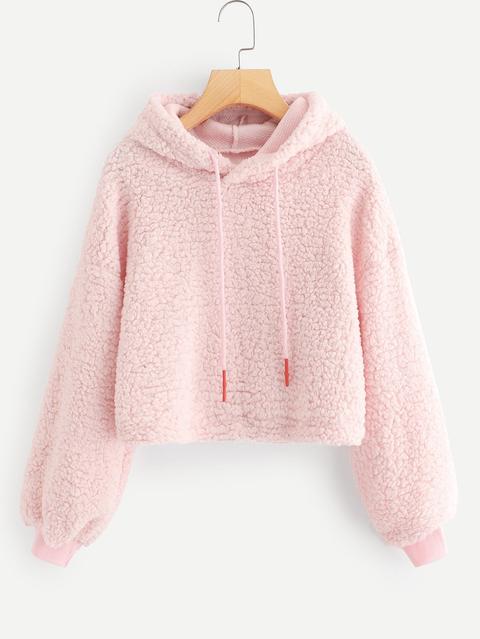 Drop Shoulder Drawstring Teddy Hoodie