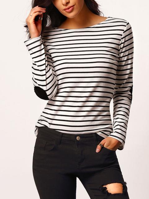 Black White Elbow Patch Striped T-shirt