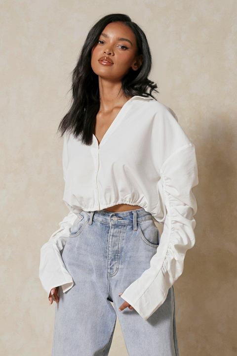 Womens Ruched Arm Oversized Cropped Shirt White