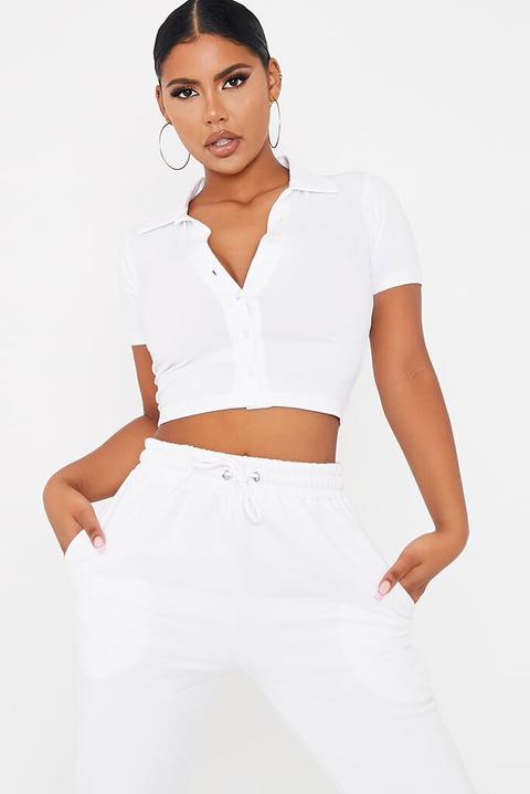 White Button Front Cotton Crop Polo Top