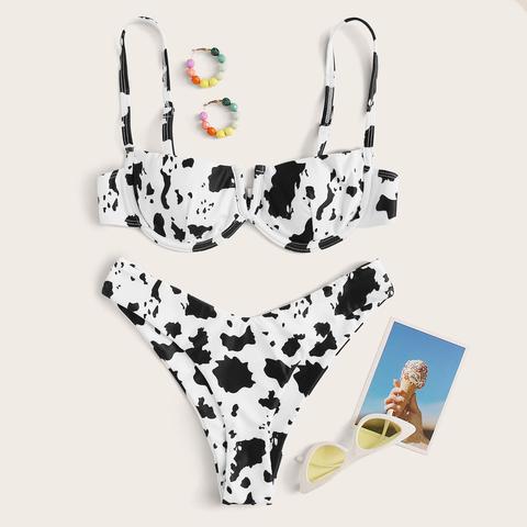 V-wired Random Cow High Leg Bikini Swimsuit