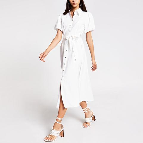 White Puff Sleeve Midi Shirt Dress from ...