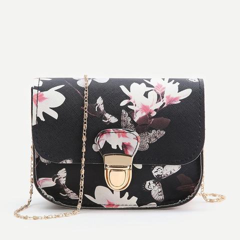 Bolso Con Cadena Y Estampado De Flor - Negro