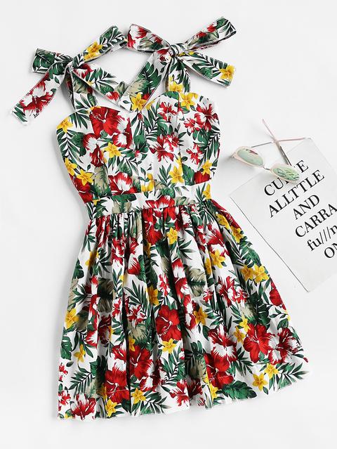 Self Tie Shoulder Floral Print Random Cami Dress