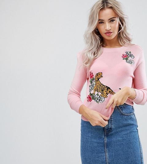 Asos Petite - Maglione Con Tigre E Fiori Ricamati - Rosa