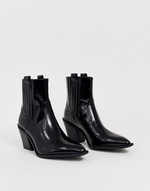 Pull&bear - Bottines Chelsea À Talon Haut Style Western - Noir Verni