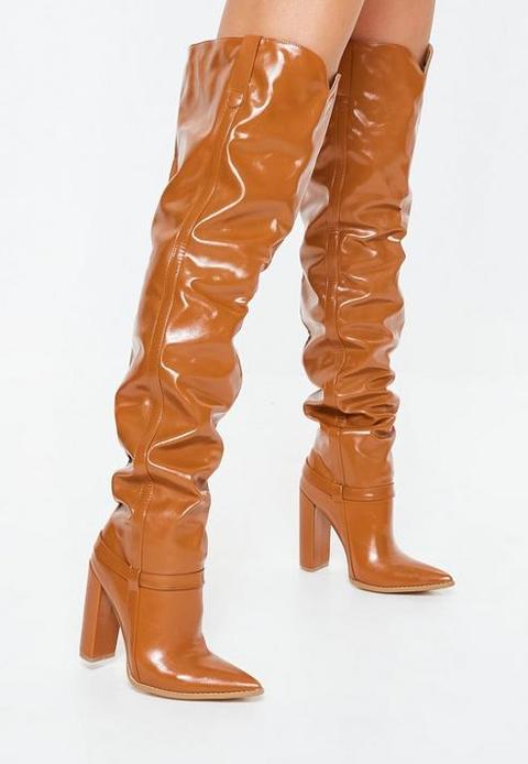 Tan Block Heel Faux Leather Thigh High Boots, Tan