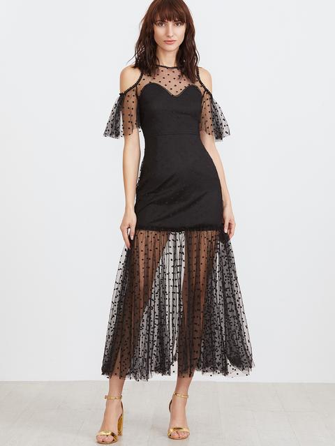 Vestito Spalle Fredde Overlay A Rete Punti Di Polka - Nero