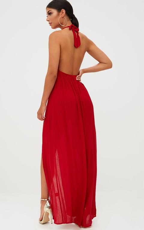 Red Cheesecloth Crochet Trim Maxi Dress, Red