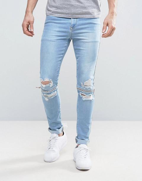 Asos - Jeans Super Skinny Con Strappi E Zip Alle Ginocchia Blu Candeggiato - Blu