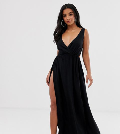 Asos Design Petite - Schwarzes Maxi-strandkleid Mit Überkreuzter Vorderseite