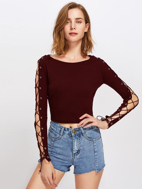 Eyelet Lace Up Sleeve Ribbed Tee