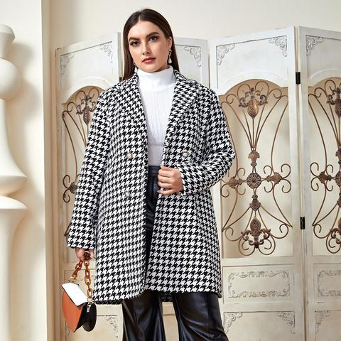 Plus Houndstooth Print Pea Coat