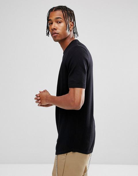 Asos - T-shirt In Maglia Lunga Con Fondo Arrotondato Nera - Nero