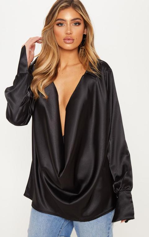 Black Extreme Cowl Longline Satin Shirt