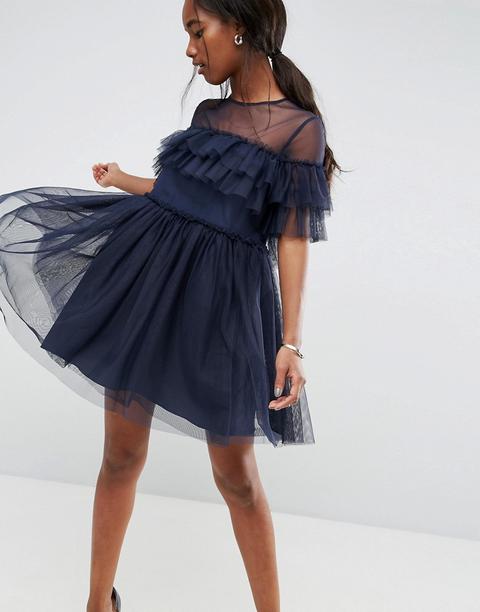 Asos - Vestitino In Tulle Con Volant - Navy