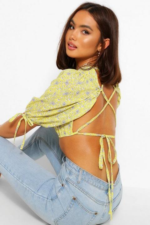 Womens Paisley Print Puff Dleev Cross Back Top - Yellow - 10, Yellow