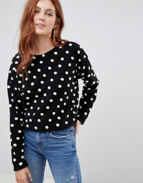 New Look - Maglione Nero A Pois Spazzolato Con Pompon - Nero