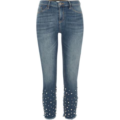 Petite Blue Molly Pearl Hem Skinny Jeggings