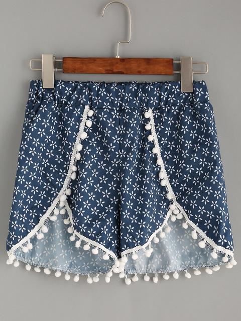 Shorts Estampado Floral Ribete Pompones -marino