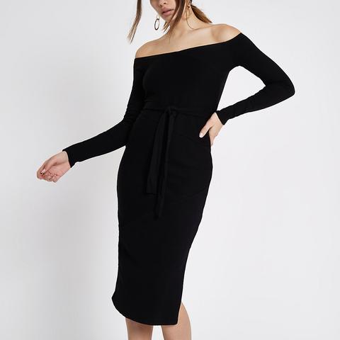 Black Rib Bardot Tie Waist Midi Dress