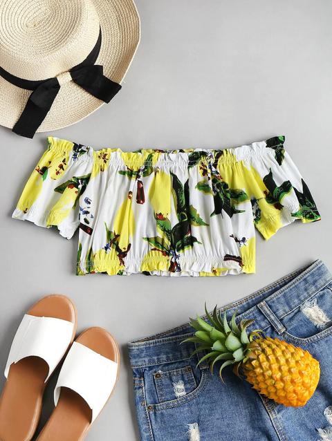 Top Corto A Spalle Scoperte Con Stampa Di Limone