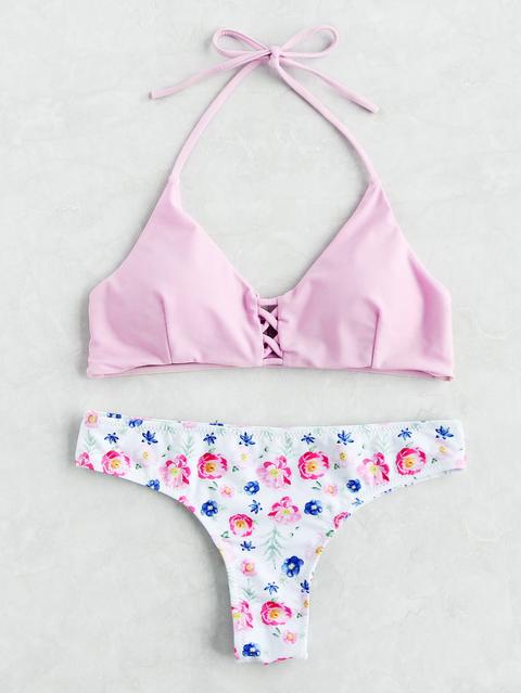 Sets De Bikini Con Tiras Cruzadas Con Estampado De Calicó