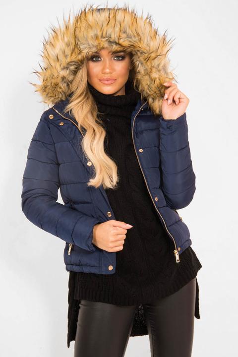 Navy Padded Coat With Fur Trim Hood - Helena