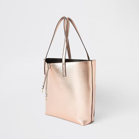 River Island Rose Gold Metallic Beach Tote Bag Rose Gold Metallic Beach Tote  Bag in Pink