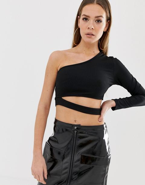 Top De Manga Larga Asimétrico De Canalé Con Abertura En Negro De Asos Design