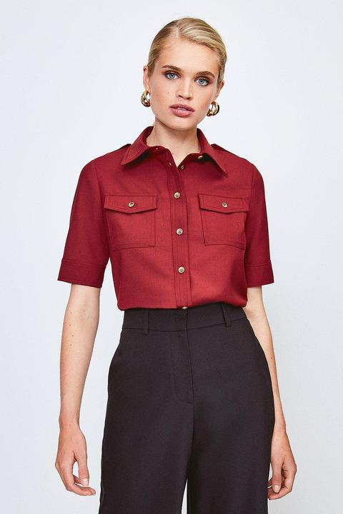 Karen Millen Polished Stretch Wool Blend Short Sleeve Shirt -, Red