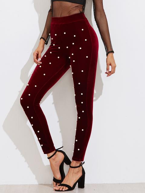 Pearl Detail Velvet Leggings