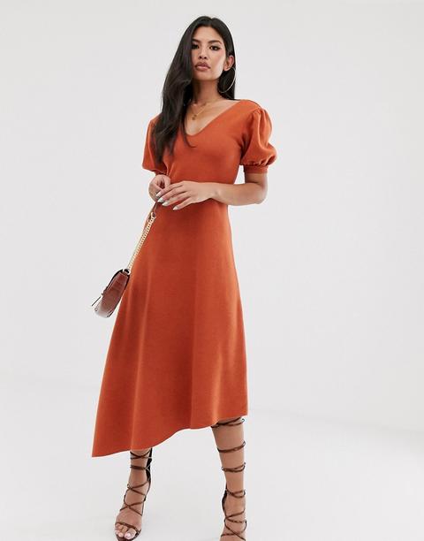 Asos Design - Vestito Midi Super Morbido Asimmetrico Con Maniche A Sbuffo E Scollo Posteriore A V - Arancione