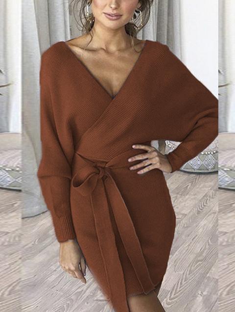 Brown Backless Design Deep V Neck Long Sleeves Dress