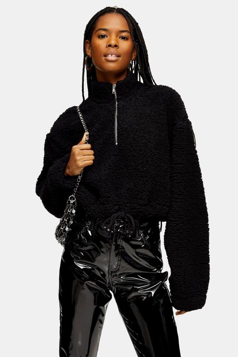 Womens Black Crop Funnel Zip Borg Top - Black, Black