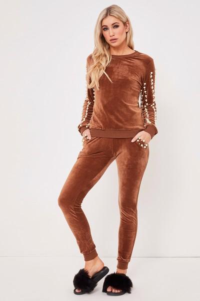 Kady Brown Pearl Embellished Velour Loungewear Set