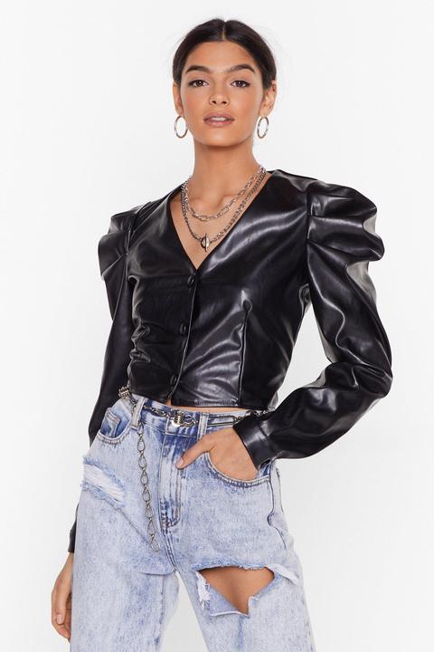 Womens Faux Leather Too Much Puff Sleeve Crop Top