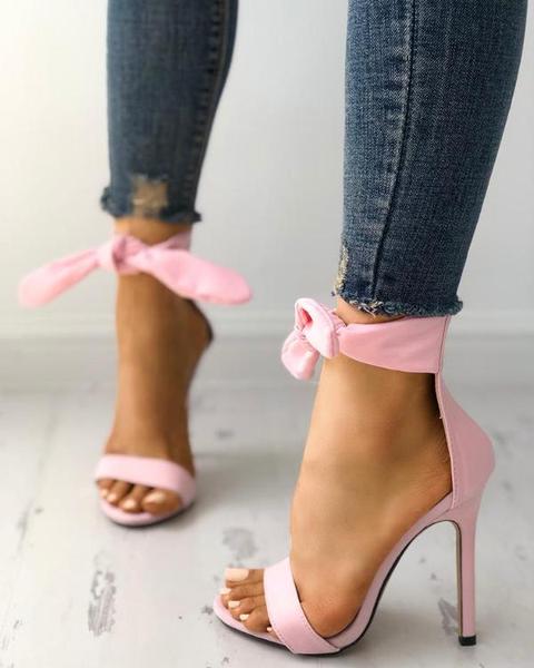 Peep Toe Thick Strap Ankle Tie Stiletto Sandals