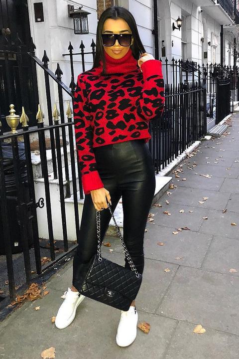 Red Leopard Crop Roll Neck Jumper - Halley