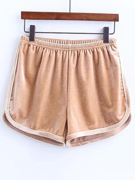 Khaki Elastic Waist Velvet Shorts