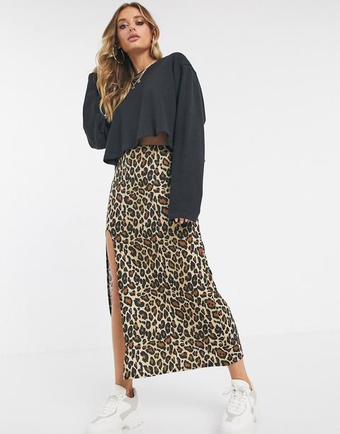 Falda Midi Con Abertura Al Muslo Y Estampado De Leopardo De Asos Design-multicolor