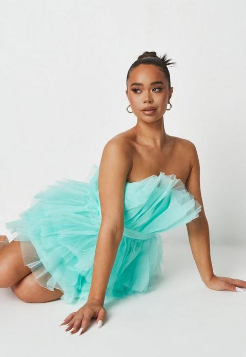 Aqua Tulle Ruffle Bandeau Mini Dress, Blue