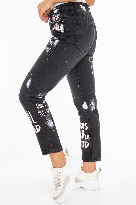 Washed Black Slogan Ripped Knee Mom Jeans - Carla from Rebellious