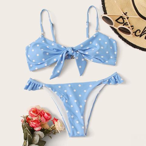 Polka Dot Random Print Thong Bikini Swimsuit
