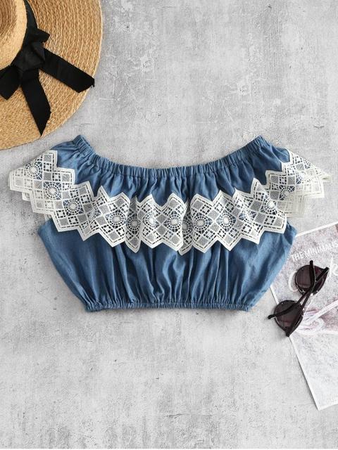 Overlay Off Shoulder Chambray Crop Top Blue