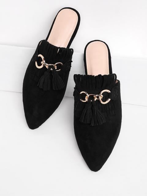Tassel Detail Pointed Toe Flat Mules