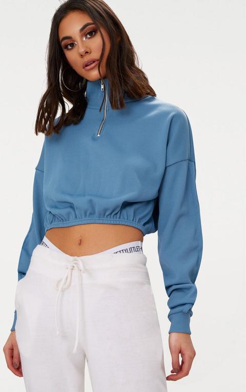 Blue Rib Zip Front Long Sleeve Sweater