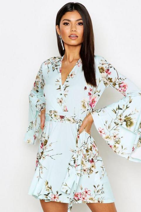 Robe Patineuse Cache-coeur À Manches Volantées Extrêmes Imprimé Floral - Bleu - 40, Bleu
