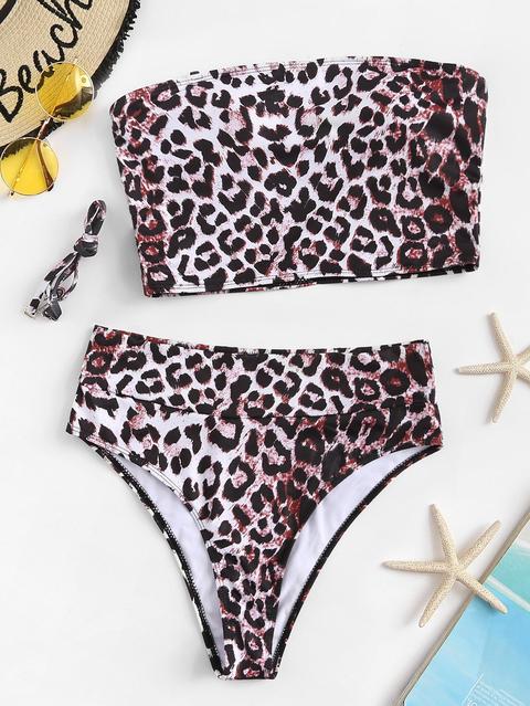 Bandeau De Leopardo Con Set De Bikini De Cintura Alta