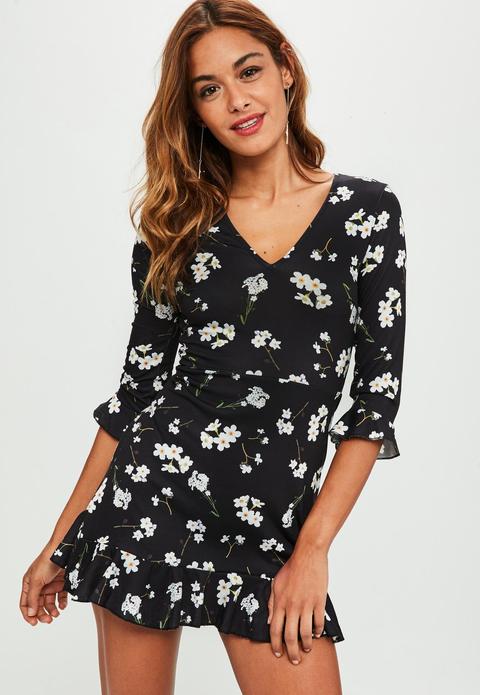 Black Floral Print Frill Skater Tea Dress, Black